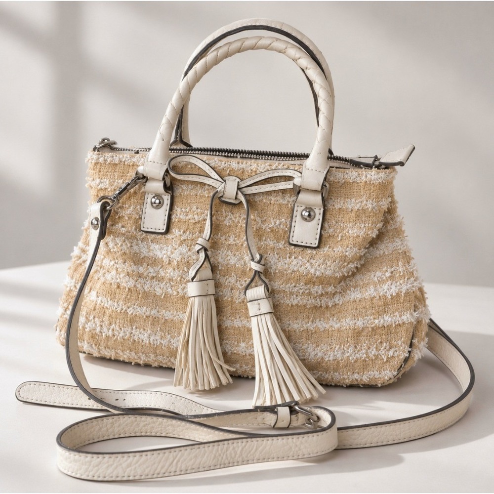 Patricia Nash Angela Ebbe Purse Woven Straw Leather Tassel Crossbody Bag White